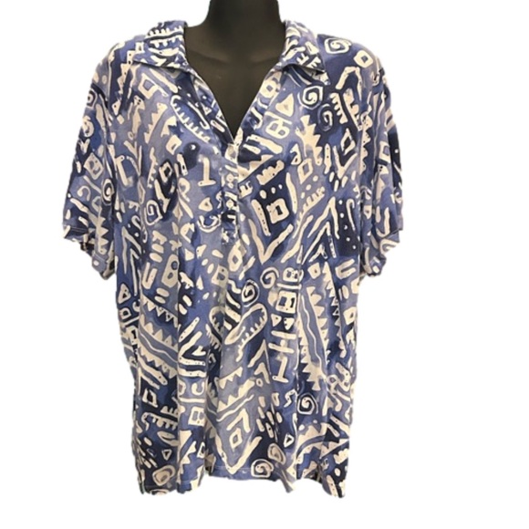 2X Cathy Daniels blue and white geometric print short sleeve button up shirt - Picture 1 of 12